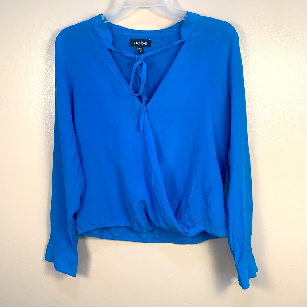 Bebe 100% Silk V Neck Wrap Tie Long Sleeve Blouse